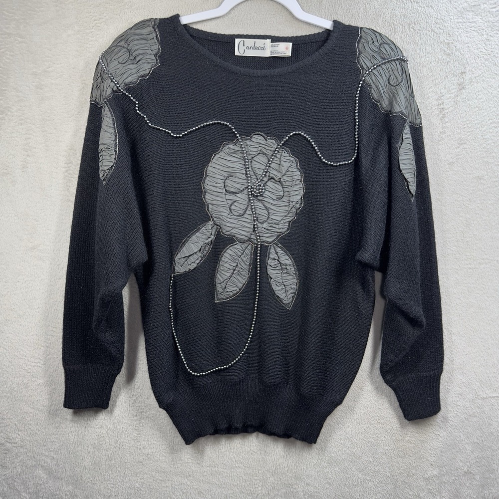 Vintage 80s Carducci Sweater Women's L Black Beaded Appliqué Retro Shoulder Pads